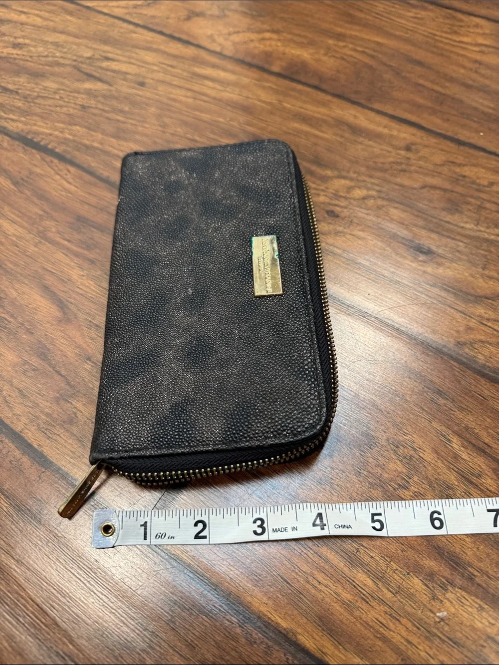 Adrienne Vittadini Black Zip Around Wallet Purple Interior Pebbled